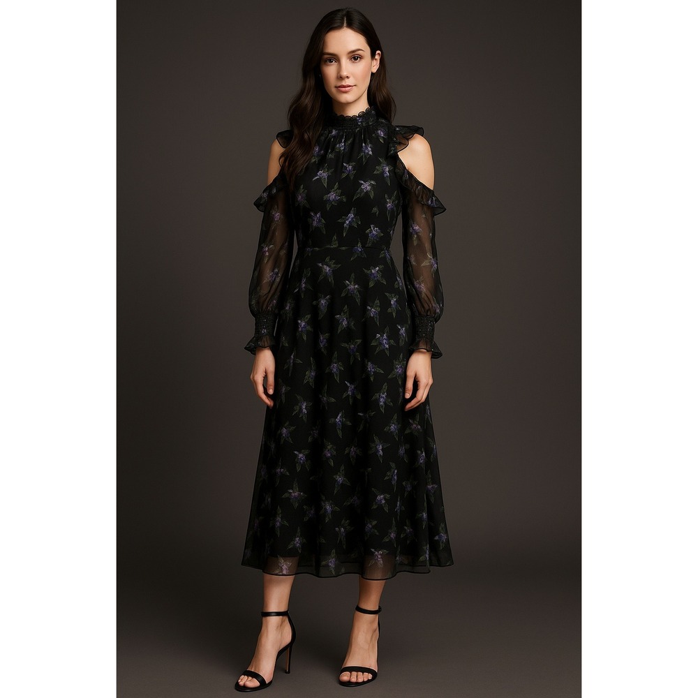 Ted Baker Cold Shoulder Ruffle Chiffon Midi Dress Black Floral Long Sleeve US 4